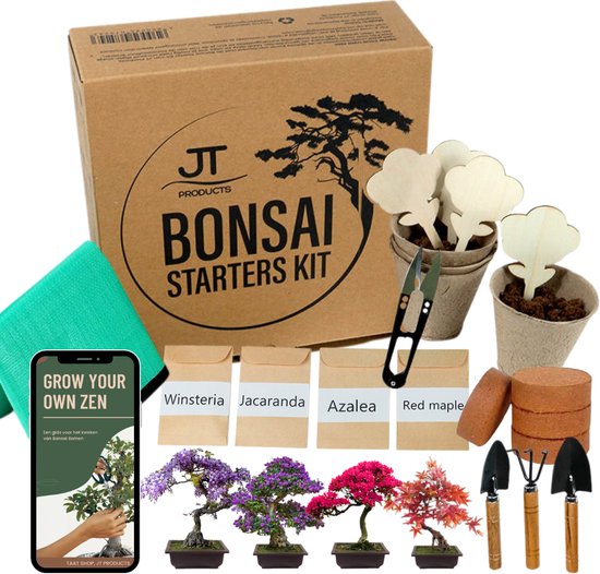 Foto: Jt products bonsai starters kit met uitgebreide e book 4 soorten zaden bonsai schaar bonsai gereedschap bonsai zaden bonsai kit bonsai boompje kweekset cadeau bonsai verzorgingsset