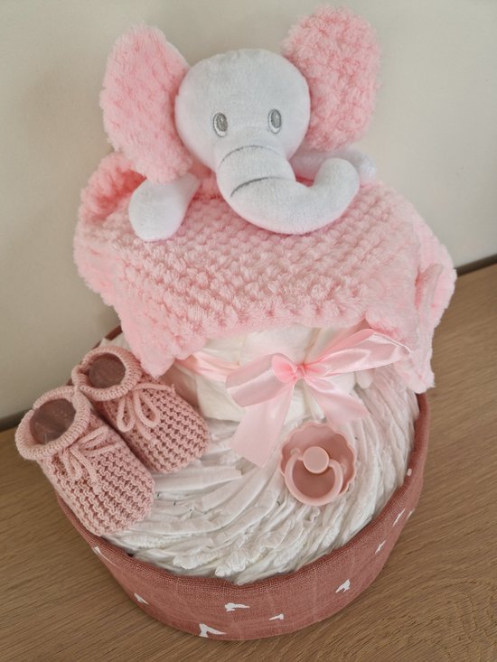 Foto: Luiertaart medium olifant meisje babyshower kraamcadeau