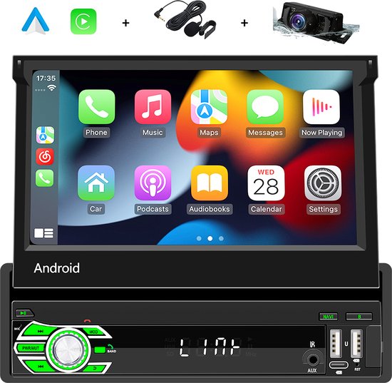 Boscer® 1Din Autoradio - Android 13 - Apple Carplay & Android Auto (Draadloos) - 7 Inch Handmatig klapscherm - Navigatiesysteem - Bluetooth - GPS - WIFI - Achteruitrijcamera & Microfoon
