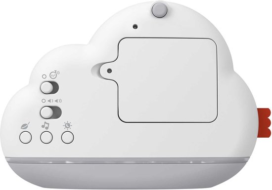 Achterkant van witte wolkmuziekdoos met knoppen en batterijdeksel.