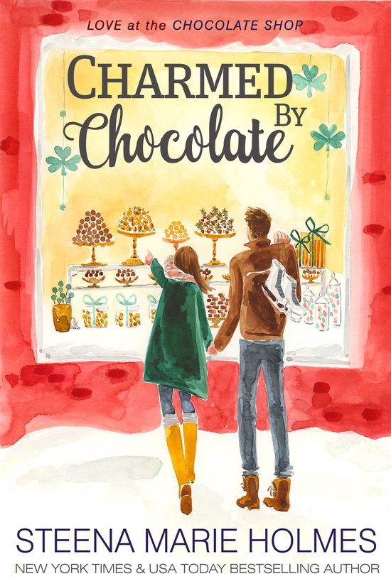 Een stel staat voor de etalage van een chocolaterie en bekijkt de lekkernijen. De titel 'Charmed by Chocolate' staat centraal.