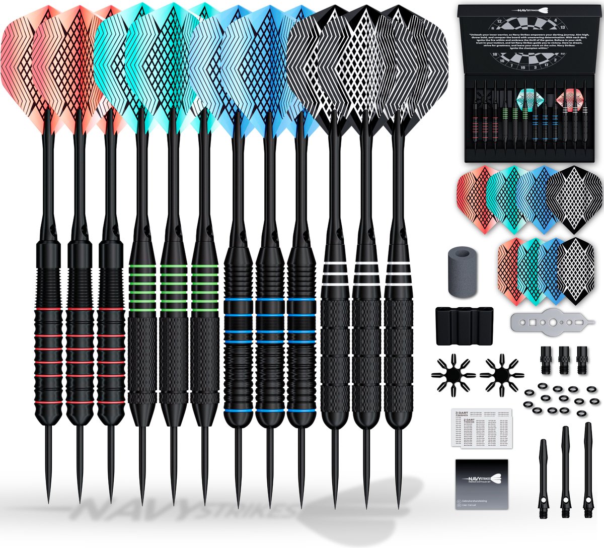 Navy Strikes Dartpijlen Set 26 Gram - 108 Delige Set - 12 Dartspijlen - 4 Soorten Grip - Flights Darts en Dart Shafts - Darten - Incl Add-a-Gram 27 Gram