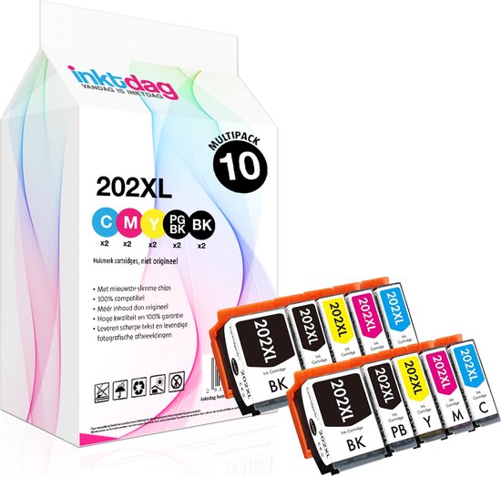 Foto: Inktdag inktcartridges voor epson 202xl epson 202 epson 202xl multipack van 10 kleuren 2 zwart 2 foto zwart 2 c m y multipack van 10 cartridges voor expression premium xp 6000 xp 6005 xp 6100 en xp 6105