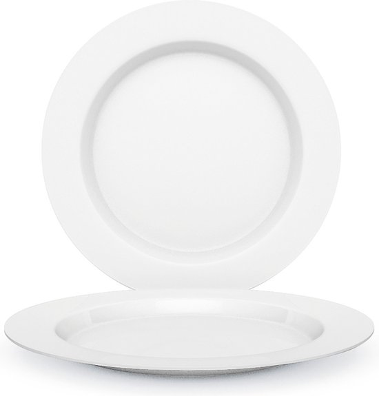 Twee witte kunststof dinerborden, één bovenop de ander.