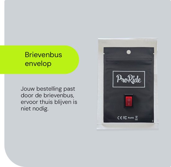 Zwart ProRide envelop met rode tuimelschakelaar, CE, FC, RoHS logo's.