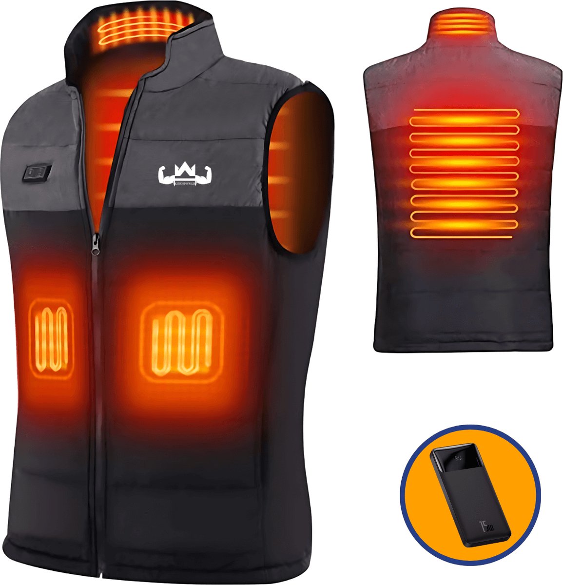 KingsPower Heated vest S Incl. Powerbank - Zwart/Grijs - Elektrisch Verwarmde Winter Jas en Bodywarmer - Waterafstotend en Winddichte Kleding