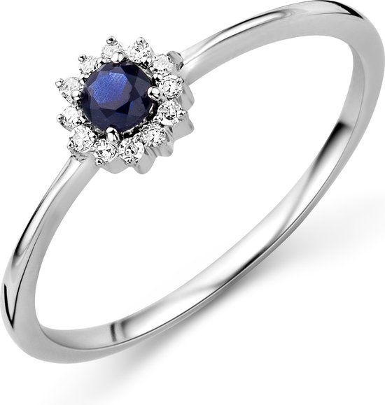 Miore Pure Ring - 9 Karaat - Zilverkleurig - Met Diamanten en een Blauwe Saffier - Handgemaakte Sieraden - Elegant - Elegante Dames Sieraden - Maat 56