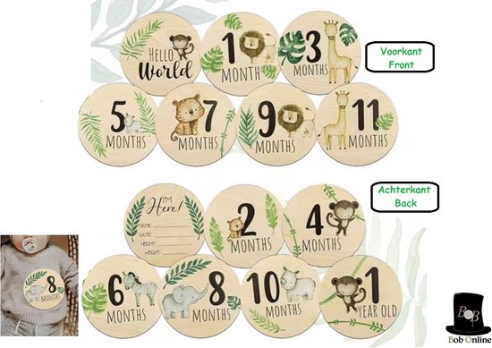 Foto: Bob online 7 stuks omkeerbare houten dieren ontwerp mijlpaalschijven baby foto rekwisieten 7 pieces reversible wooden animal design milestone discs 1 maand t m 1 jaar 10 cm groot baby mijlpaalschijven