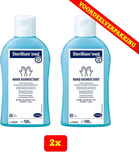 Twee flessen Sterillium med handdesinfectiemiddel van 100 ml elk, met een rode "2x" sticker.