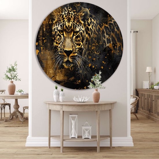 Cercle mural Léopard - Décoration murale animaux rond - Horloge murale Éclaboussures - Peinture Vintage - Cercles muraux - Cercle mural art aluminium 60x60 cm