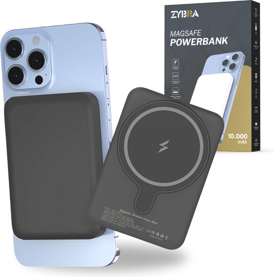 Zybra® Magsafe Powerbank 10000 mAh - Powerbank iPhone - Magnetisch & Draadloos - Voor iPhone 12, 13, 14, 15 - Airpods - Magsafe Oplader - Zwart