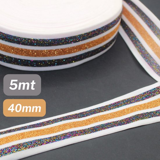 Foto: 5 meter tailleband elastiek lurex breedte 40mm kleur wit koper meerkleurig