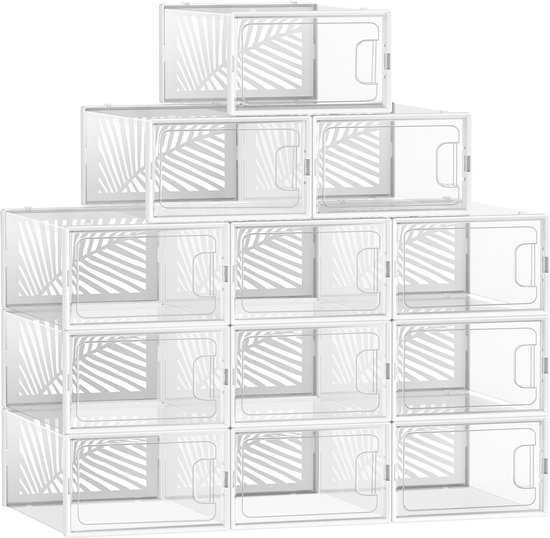 Rootz 12 Pack Shoe Box Set - Clear Storage Containers - Shoe Organizers - PET and ABS Material - 33.5cm x 23cm x 14cm - Inner Size 30cm x 22.6cm x 13.5cm - Lightweight and Durable - Easy Assembly - Keep Shoes Neat and Tidy