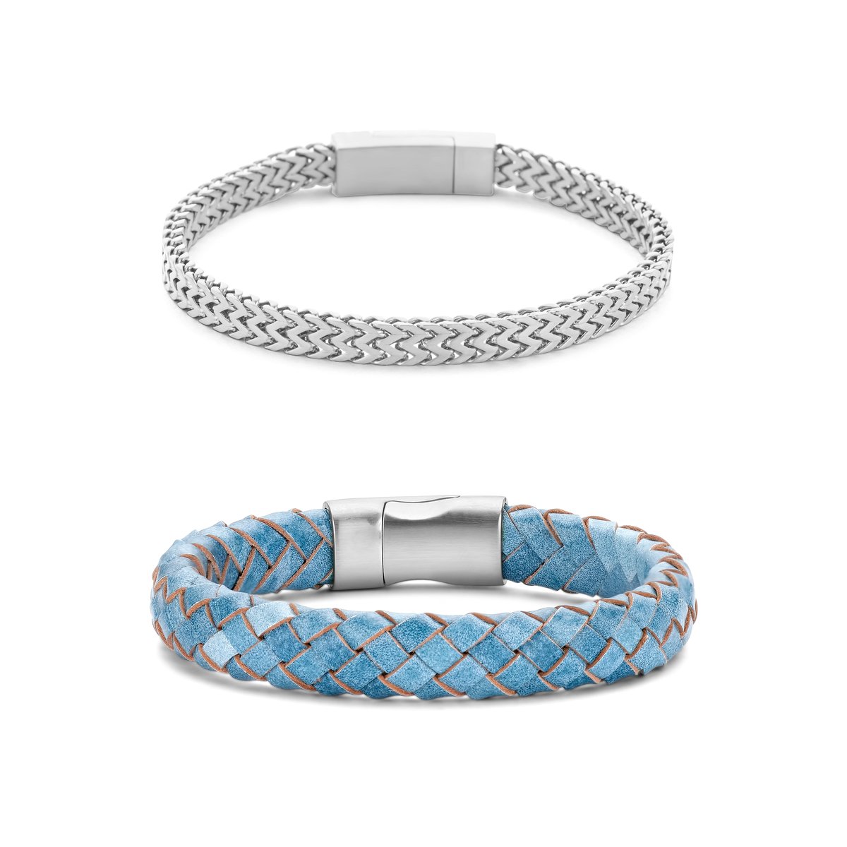 Frank 1967 7FR-SET040 Armbanden Set - 2 Armbanden - Cadeau voor hem - 20 cm - Fashion - Stoer - Leer - Licht Blauw