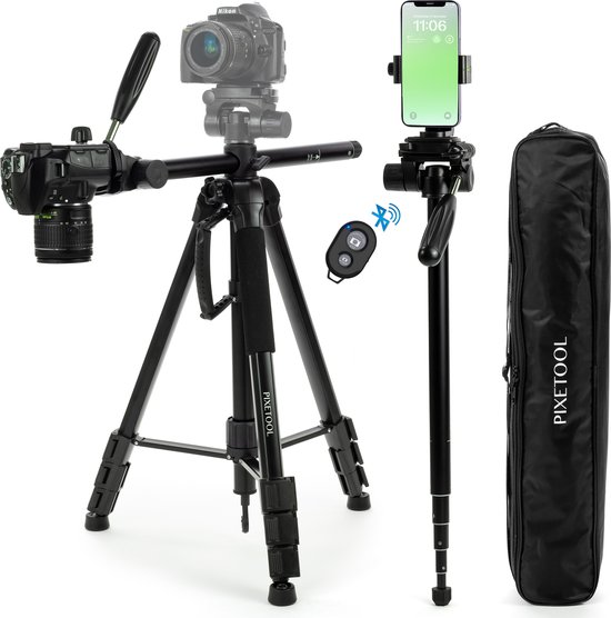 Foto: Pixetool camera en telefoon statief 180cm tripod statief monopod spiegelreflexcamera statief incl smartphone houder smartphone statief camera houder gsm statief universeel horizontaal zwart