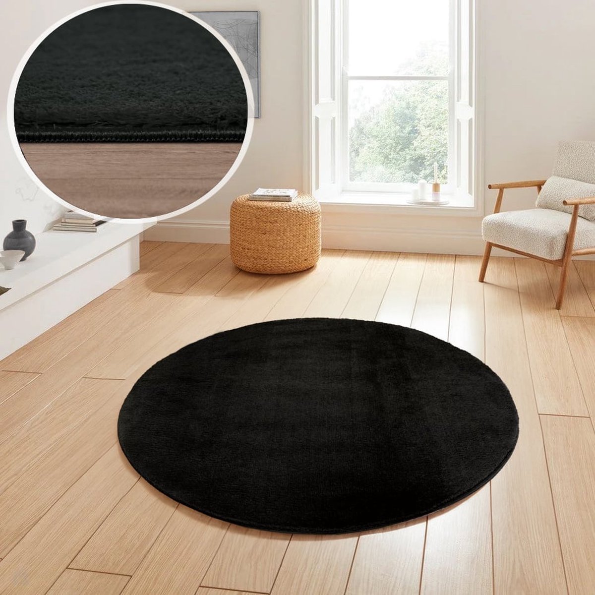 flycarpets Rond Malaga Wasbaar Vloerkleed - Zwart - 160x160 cm
