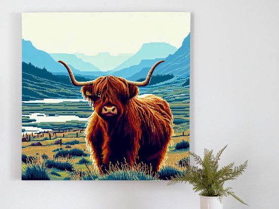 Pixel art schotse hooglander schilderij | Hooglandse pracht: Een mozaïek van Schotse hooglander kunstwerk | Kunst - 30x30 centimeter op Canvas | Foto op Canvas
