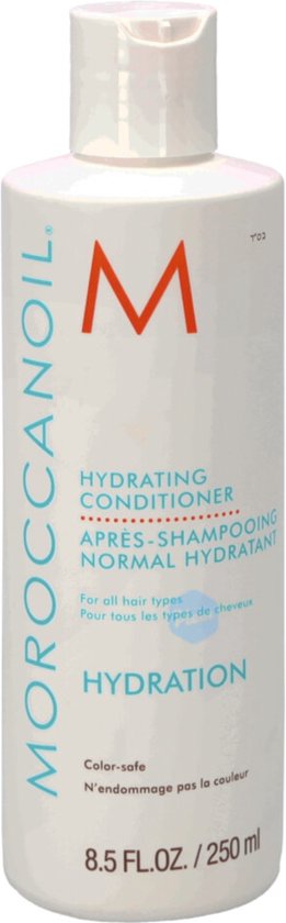 Witte Moroccanoil Hydrating Conditioner fles met oranje M-logo. Tekst in Engels, Frans.
