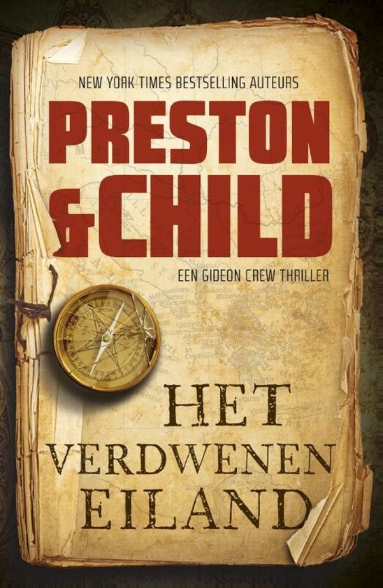 Boek kaft met verouderde kaart en kompas. Titel: Het Verdwenen Eiland.