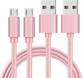 2x Micro USB naar USB A Nylon Gevlochten Kabel Roze - 1 meter - Oplaadkabel voor Huawei MediaPad T5 (10.1" 2018) / MediaPad T3 (10" 2017) / MediaPad M5 Lite (8" 2019) / MatePad T8 (8" 2020)