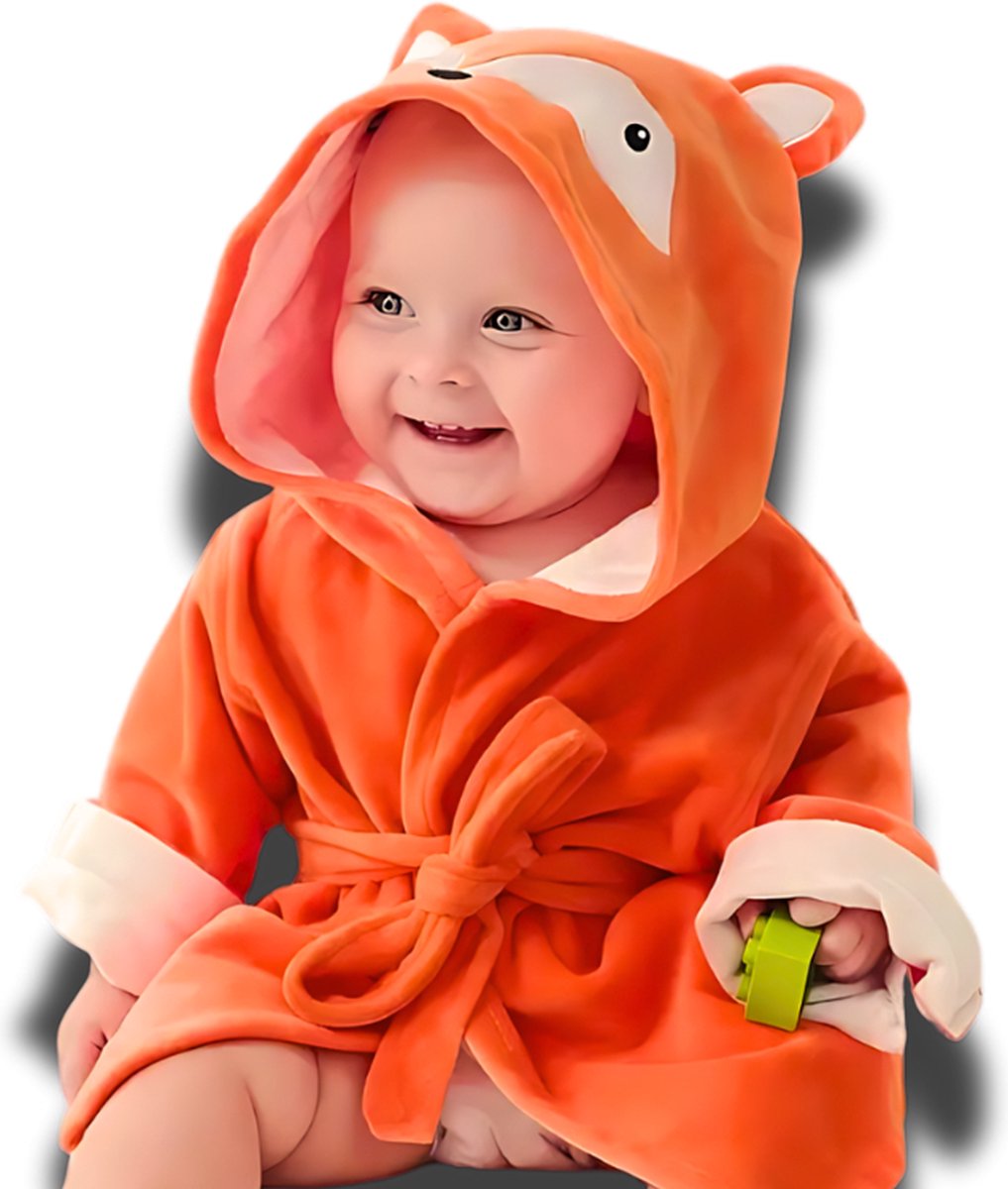 BoefieBoef Vos Bamboe Baby Badjas 0-2 Jaar (85 cm lang max) – Luxe, Superzacht & Hypoallergeen – Eco Kinderbadjas met Dieren Capuchon – Absorberende Peuter Handdoek Jongen & Meisje – Cadeau Zwemles, Carnaval, Verjaardagen of Kraam - Oranje