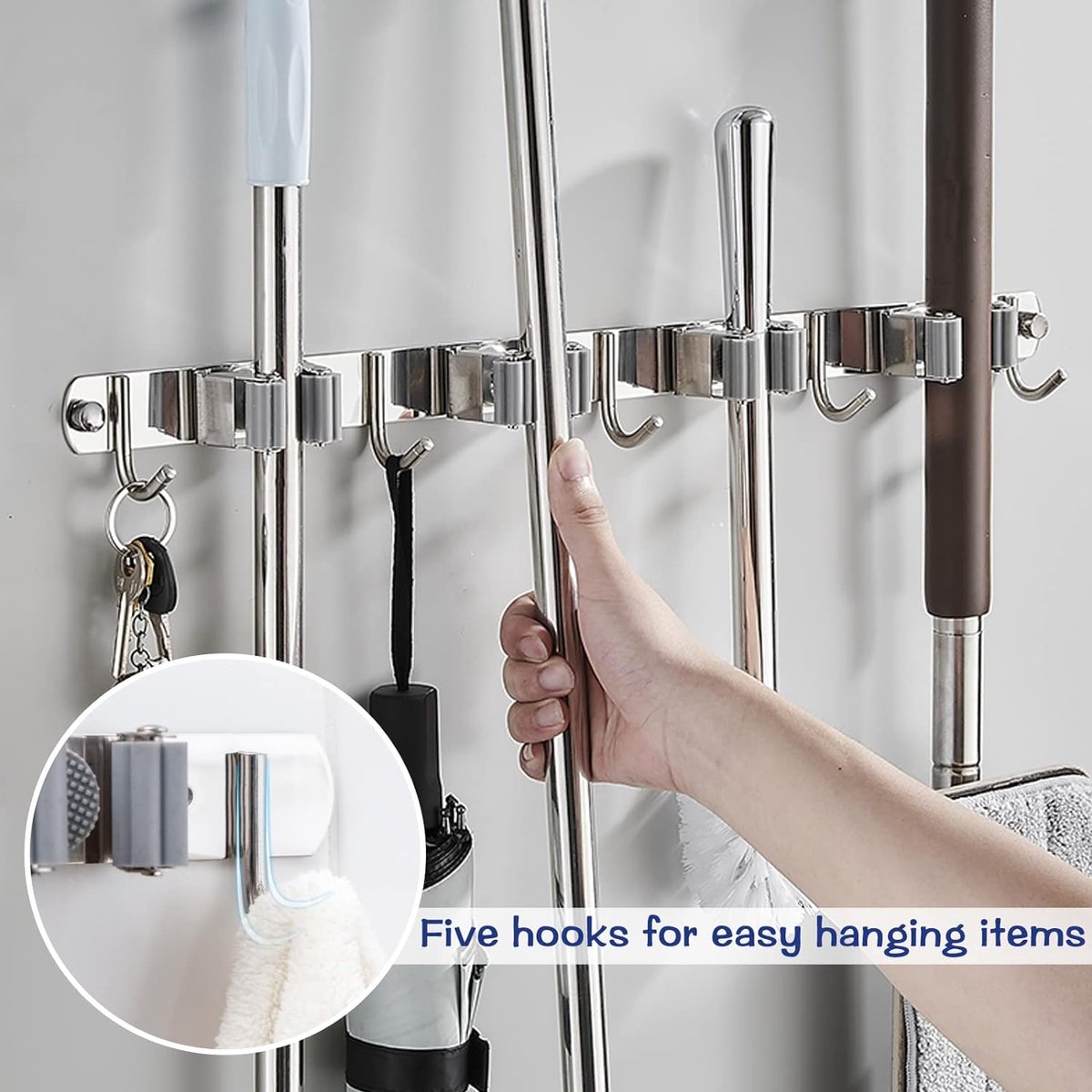 Mop houder roestvrij stalen bezemhouder zelfklevend bezemhouder mop clip wandhouder voor thuis keuken badkamer garage tuin (5 houders en 4 haken)