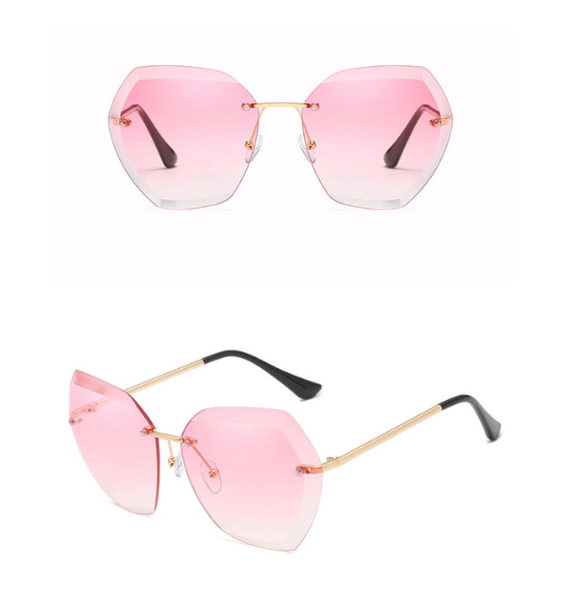 ASTRADAVI Zonnebril - Vintage Pentagon Vorm - Randloos Lenzen - Hot Pink & Gouden Montuur