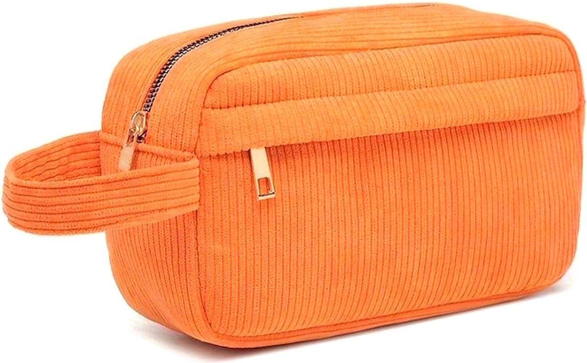 Corduroy Make-up Tas - Oranje | 23 x 12,5 x 9 cm | Toilettas / Etui | Katoen/ Polyester | Fashion Favorite