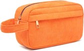 Corduroy Make-up Tas - Oranje | 23 x 12,5 x 9 cm | Toilettas / Etui | Katoen/ Polyester | Fashion Favorite