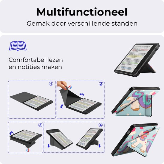 Hoesje Geschikt voor Kobo Libra Colour Hoesje Luxe Bescherm Case Trifold - Hoes Geschikt voor Kobo Libra Colour Hoes Book Cover - Eenhoorn van Hoesje  — afbeelding 5