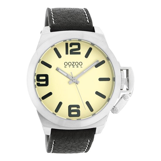 OOZOO Timepieces - Zilverkleurige horloge met zwarte leren band - OS011