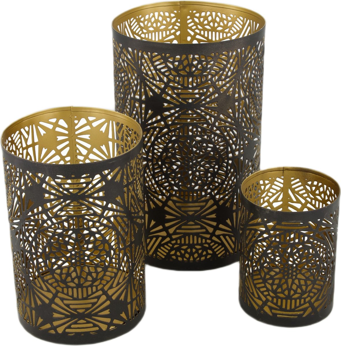 Sfeerlicht metaal 12.5x12.5x20cm Goud/ Zwart set van 3