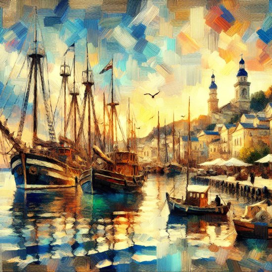 Olieverf haven artwork | Harbour Hues: A Vivid Dockscape in Oil Painting Splendor | Kunst - 30x30 centimeter op Canvas | Foto op Canvas