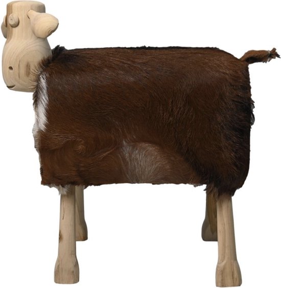 Decor Schaap - 58x34x62 cm - Bruin/Wit - Teak/Geitenhuid - decoratieve accessoires, ornament op voet, ornament op voet voor binnen, raamornament, vensterbank accesoires, decoratie woonkamer, decoratieve accessoires