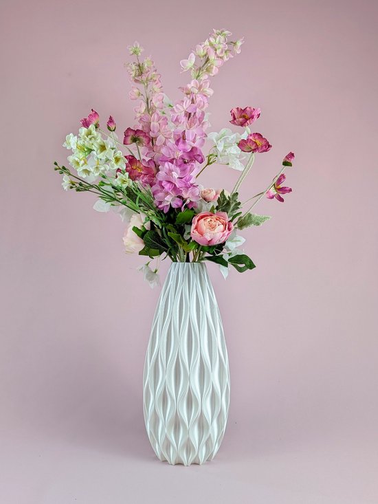 Zijden bloemen boeket - 80cm hoog - Kunstboeket "Blooming Pink" met design 3D geprinte vaas - nep bloemen veldboeket - Kunstbloemen kant-en-klaar gebonden inclusief luxe vaas - Duurzaam roze zijdenbloemen boeket met 3D print vaas