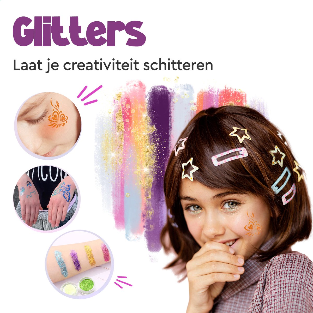 Partizzle Compleet Bio Glitter Tattoo Set - Meisjes / Jongens - Schmink Sjablonen, Lijm en Penselen - Gezicht Nep Neon Tattoos Knutselpakket - Festival - Kerst Cadeau / Knutselen voor Kinderen - 24 Kleuren / Biodegradable — afbeelding 10