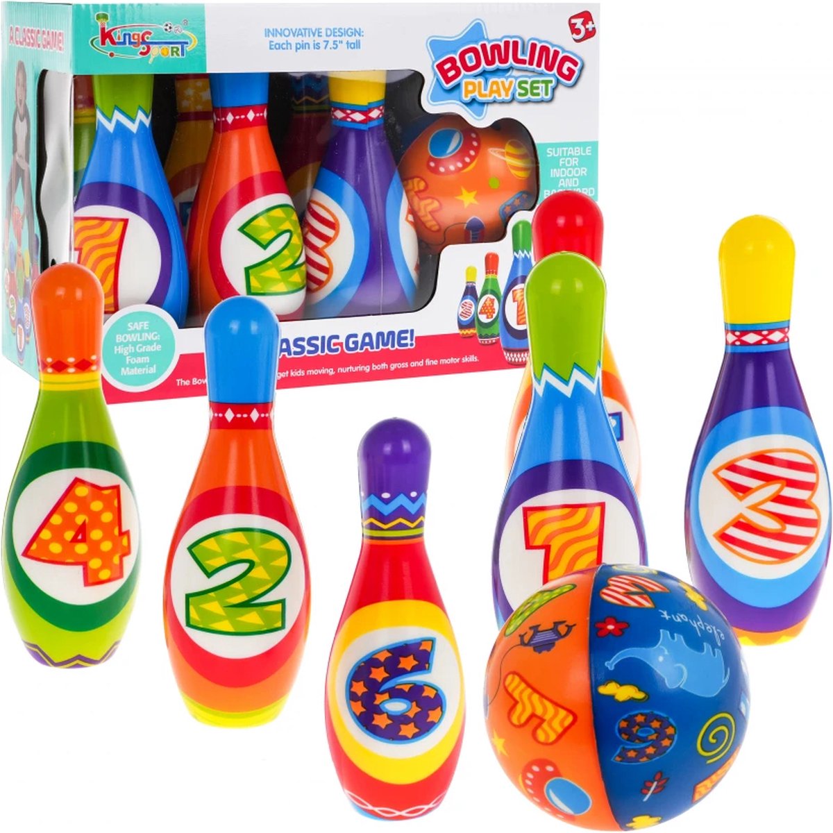 Playos Bowlingset voor Kinderen 7 Delig Foam Kegels Actiespel Binnen en Buitenspeelgoed Kegelspel Bowlingspel Bowlen