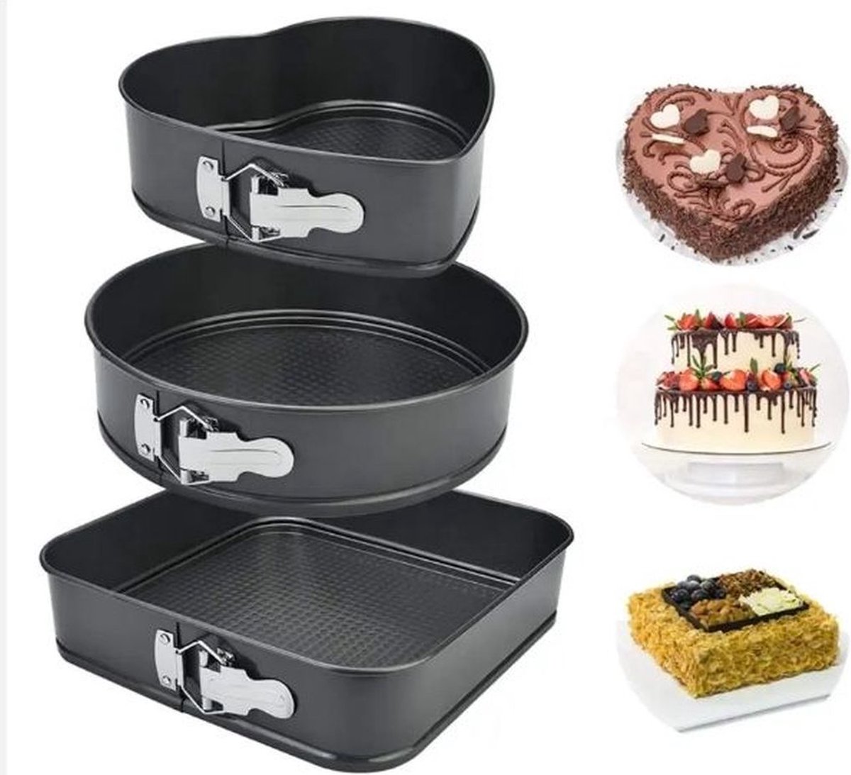 Springvormen set Hart 22 cm Rond 24 Vierkant 26cm voor taarten en lekkernijen