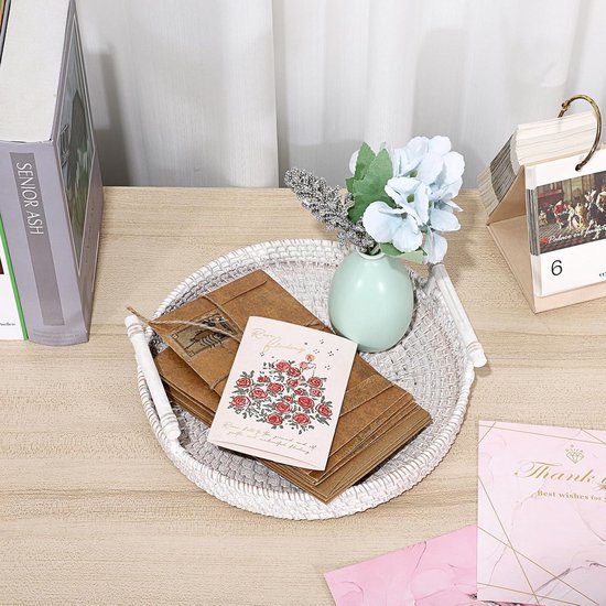 IGNPION Rotan Dienblad 30 cm Decoratieve Display Lade Tafel Opberglade met Handvat Desktop Organizer Lade voor Servies, Make-up, Vanity, Sieraden, Kaars, Ornament Whitewash