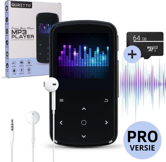 Foto: Quretto mp3 speler met touchscreen en bluetooth met clip voice recorder met fm radio incl oordopjes inclusief 64 gb sd kaart