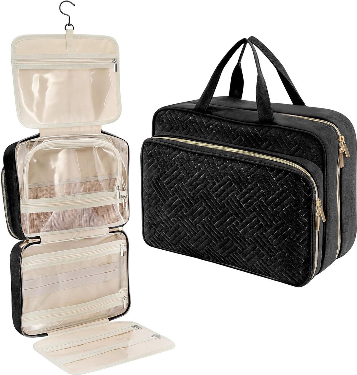 Goedkoopste 4 Sections Hanging Travel Toiletry Bag - Large Portable Organizer for Women - Makeup Storage Case for Full-sized Toiletries