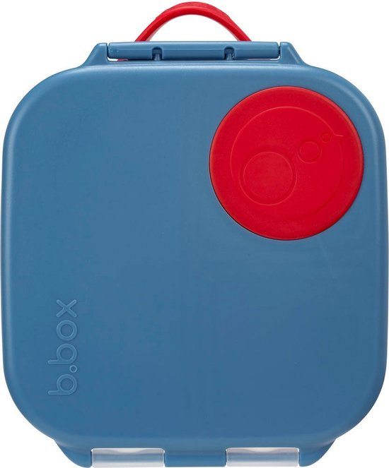 Boîte à lunch bento bleue fermée avec un récipient rond rouge portant le logo b.box.