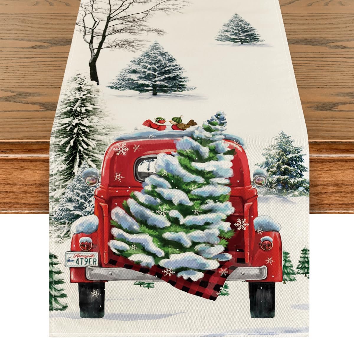 Blazelife Kerstmis Home Bedrukt Velvet textiel Tafelloper - Fluweel - Runner 40*140 -Kersttafelkleed - Kerstsneeuwpop - Kerstauto