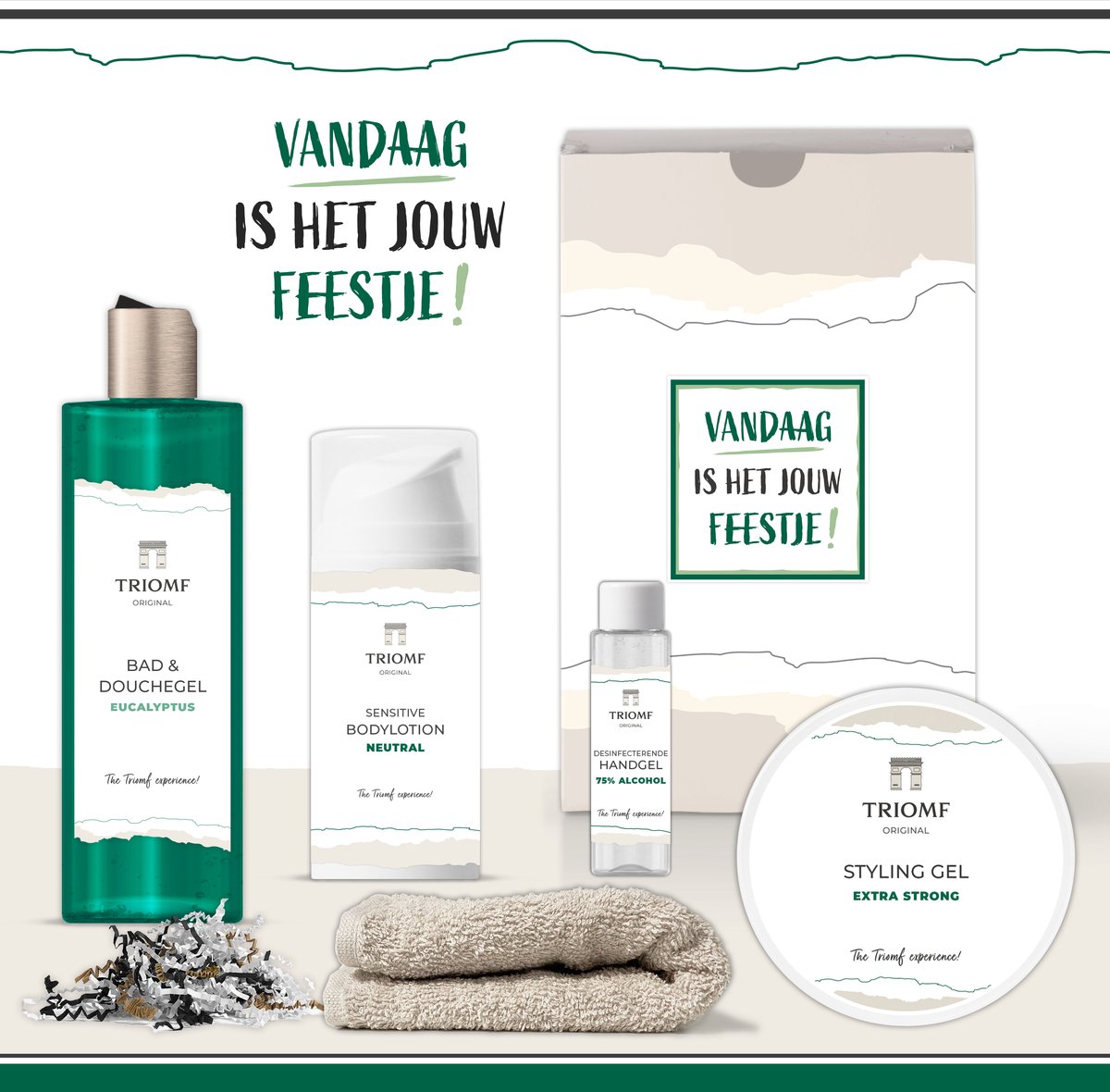 Goedkoopste Geschenkset “Vandaag is het jouw feestje!” - 5 producten - 700 gram | Triomf Original - Giftset voor hem - Cadeau Speciaal voor jou - Luxe wellness cadeaubox Douchegel - Eucalyptus - Cadeaupakket Man Geschenk - Gift Set Verjaardag - Pakket - Groen