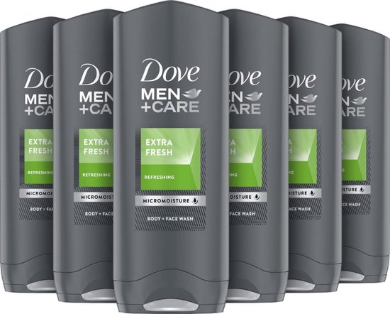 Zes donkergrijze flessen Dove Men+Care Extra Fresh douchegel met groene labels. Het opschrift is Dove Men+Care Extra Fresh, Refreshing, Micromoisture, Body + Face Wash.