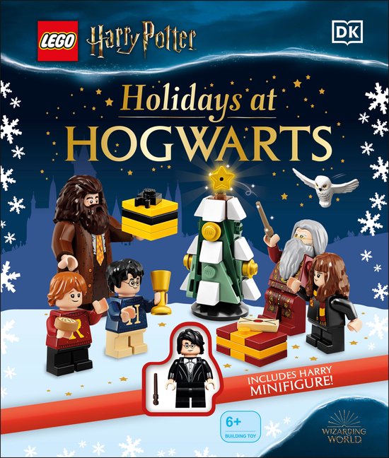 LEGO Harry Potter 'Holidays at Hogwarts' boek met minifiguren van Hagrid, Dumbledore, Harry, Ron en Hermelien, en een kerstboom.