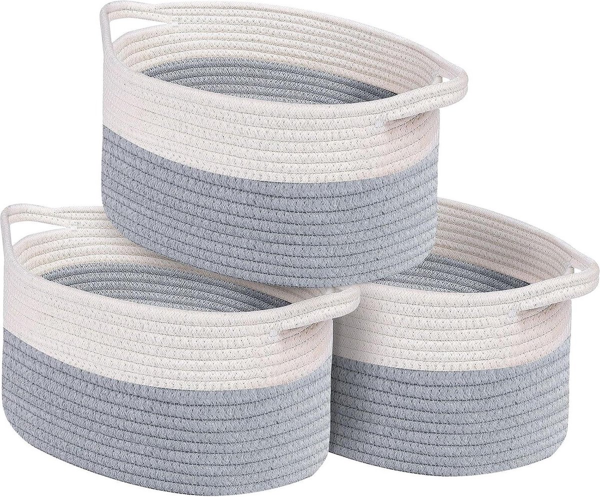 Opbergmanden van gevlochten katoenen touw - set van 3, grijs/wit