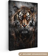 Canvas schilderij 80x120 cm - Wanddecoratie Tijger - Dieren - Portret - Luxe - Zwart - Muurdecoratie woonkamer - Slaapkamer decoratie - Kamer accessoires - Schilderijen op canvas