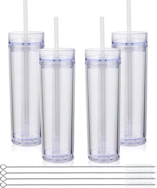 Volhoply 20 oz Plastic Skinny Tumblers Bulk 4 Pack, dubbelwandige beker