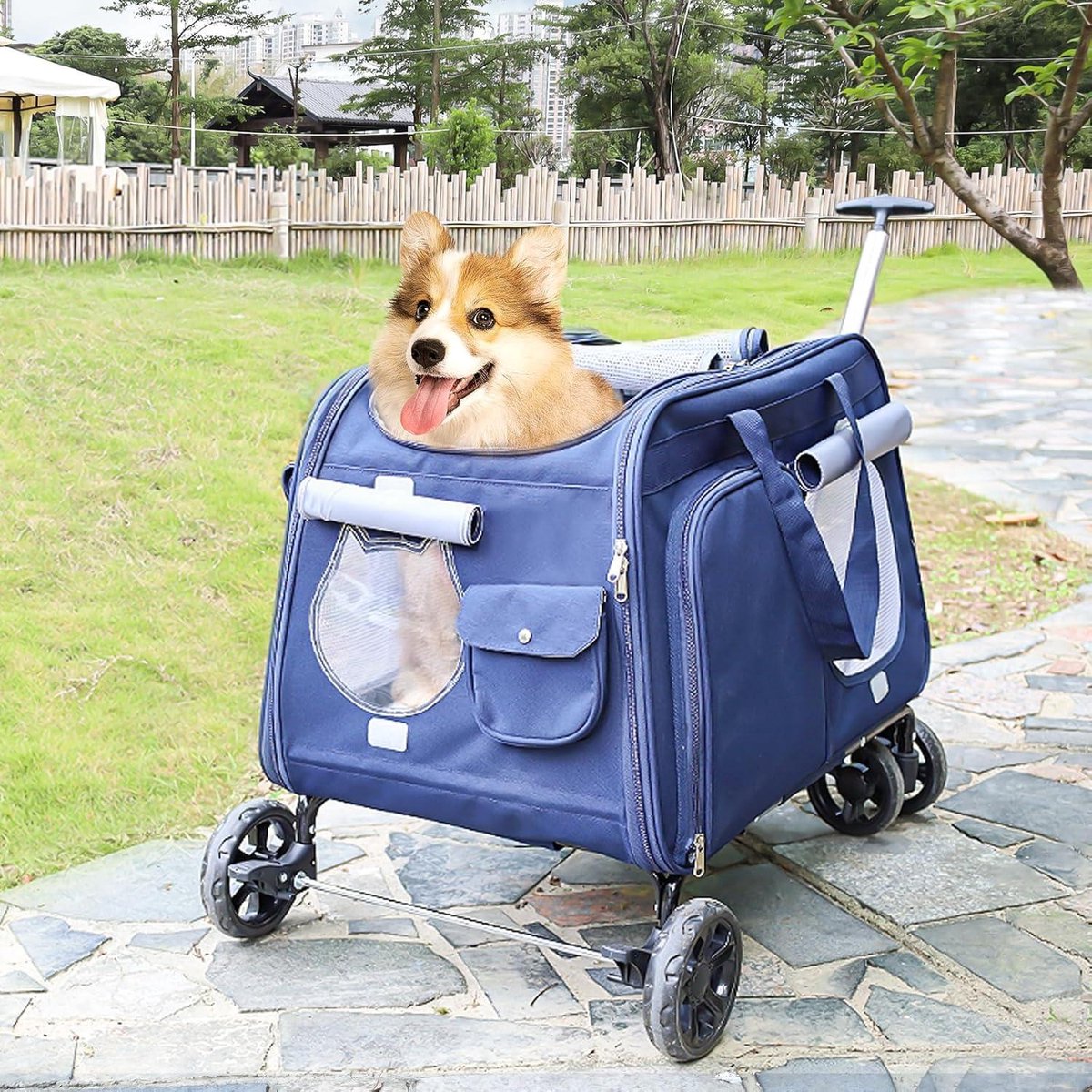 Transporttas met wieltjes voor kat en honden, draagtas met telescoopgreep en afneembare wielen, opvouwbare huisdierendrager, transportbox met trolley voor kleine, middelgrote honden en katten, blauw